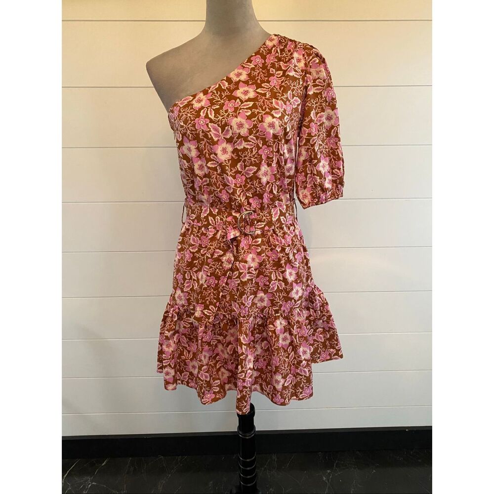 Jason Wu One Shoulder Puff Sleeve Floral Belted Mini Dress Pink Tan Small New